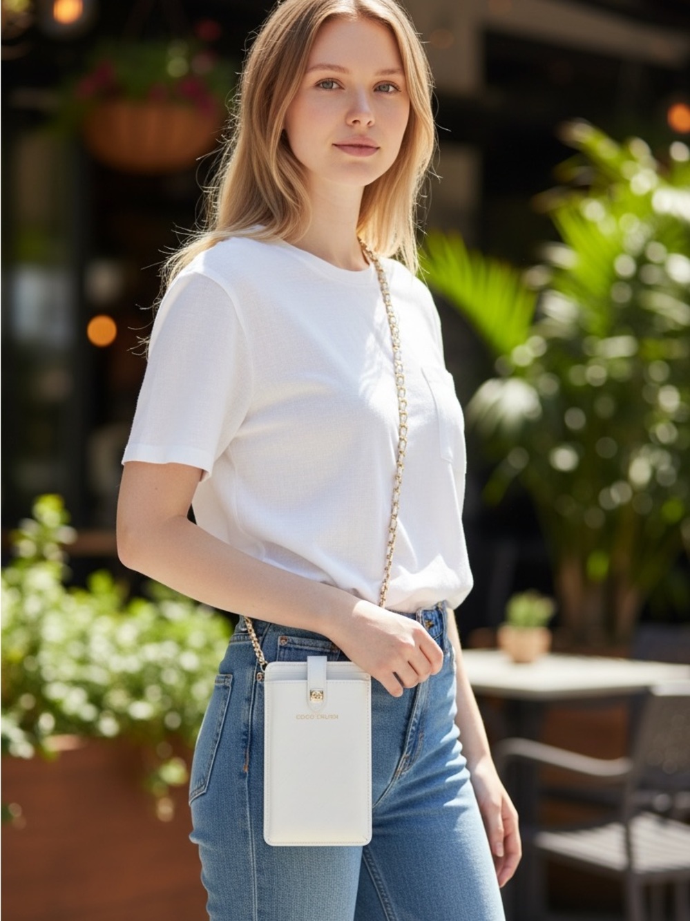 White Crossbody Phone Pouch with Gold Chain Strap